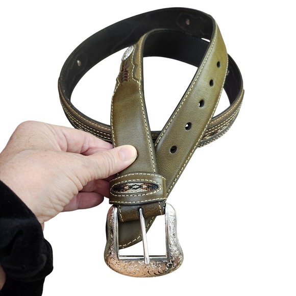 Nocona Belt Co. Top Hand Southwestern Concho Belt Olive Brown Size 44 - Picture 10 of 11